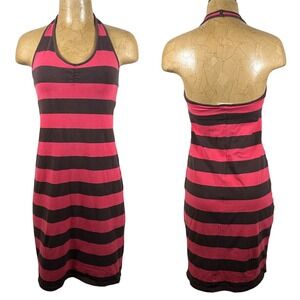 Old Navy Pink Brown Striped Halter Dress Y2K Indie Sleaze Stretch Mini Size M